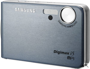 Samsung's Digimax i50 MP3W digital camera. Courtesy of Samsung, with modifications by Michael R. Tomkins. Click for a bigger picture!