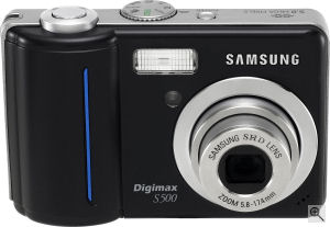 Samsung's Digimax S500 digital camera. Courtesy of Samsung, with modifications by Michael R. Tomkins. Click for a bigger picture!