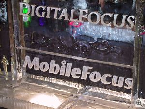 The DigitalFocus / MobileFocus logo, carved as an ice sculpture. Copyright © 2001, Michael R. Tomkins. All rights reserved. Click for a bigger picture!