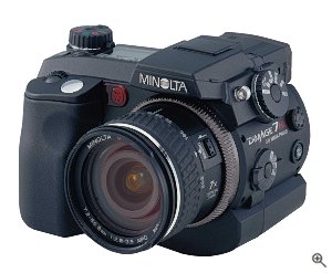 Minolta's DiMAGE 7Hi digital camera. Courtesy of Minolta Corporation, with modifications by Michael R. Tomkins. Click for a bigger picture!
