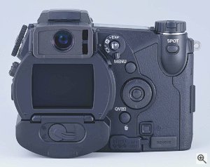 Minolta's DiMAGE 7Hi digital camera. Courtesy of Minolta Corporation, with modifications by Michael R. Tomkins. Click for a bigger picture!
