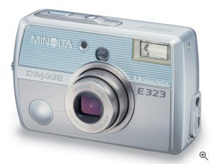 Minolta's DiMAGE E323 digital camera. Courtesy of Minolta, with modifications by Michael R. Tomkins. Click for a bigger picture!