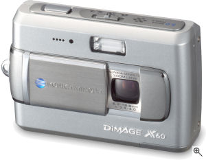 Konica Minolta's DiMAGE X60 digital camera. Courtesy of Konica Minolta, with modifications by Michael R. Tomkins. Click for a bigger picture!