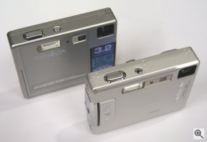 Minolta's DiMAGE Xt digital camera (prototype) alongside the existing DiMAGE Xi model. Copyright (c) 2003, Michael R. Tomkins. All rights reserved.