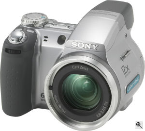 Sony's Cyber-shot DSC-H2 digital camera. Courtesy of Sony, with modifications by Michael R. Tomkins. Click for a bigger picture!