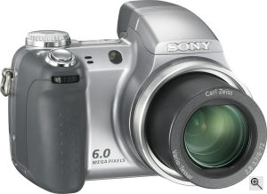 Sony's Cyber-shot DSC-H2 digital camera. Courtesy of Sony, with modifications by Michael R. Tomkins. Click for a bigger picture!