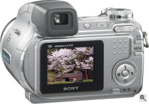 Sony's Cyber-shot DSC-H2 digital camera. Courtesy of Sony, with modifications by Michael R. Tomkins. Click for a bigger picture!
