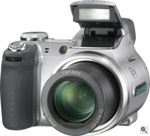 Sony's Cyber-shot DSC-H2 digital camera. Courtesy of Sony, with modifications by Michael R. Tomkins. Click for a bigger picture!