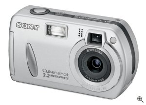Sony's Cyber-shot DSC-P32 digital camera. Courtesy of Sony, with modifications by Michael R. Tomkins. Click for a bigger picture!
