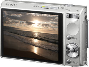 Sony's Cyber-shot DSC-T100 digital camera. Courtesy of Sony, with modifications by Michael R. Tomkins. Click for a bigger picture!