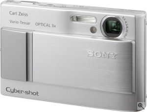 Sony's Cyber-shot DSC-T10 digital camera. Courtesy of Sony, with modifications by Michael R. Tomkins. Click for a bigger picture!