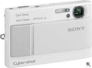 Sony's Cyber-shot DSC-T10 digital camera. Courtesy of Sony, with modifications by Michael R. Tomkins. Click for a bigger picture!