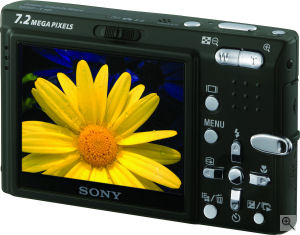 Sony's Cyber-shot DSC-T10 digital camera. Courtesy of Sony, with modifications by Michael R. Tomkins. Click for a bigger picture!