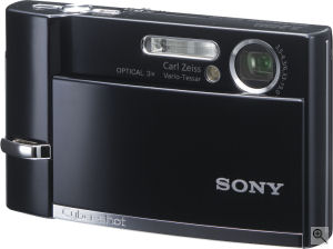 Sony's Cyber-shot DSC-T30 digital camera. Courtesy of Sony, with modifications by Michael R. Tomkins. Click for a bigger picture!