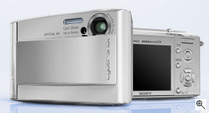 Sony's Cyber-shot DSC-T5 digital camera. Courtesy of Sony, with modifications by Michael R. Tomkins. Click for a bigger picture!