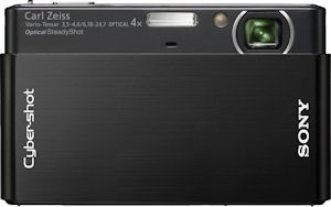 Sony's Cyber-shot DSC-T77 digital camera. Courtesy of Sony, wih modifications by Michael R. Tomkins. Click for a bigger picture!