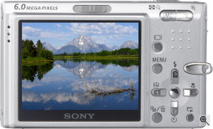 Sony's Cyber-shot DSC-T9 digital camera. Courtesy of Sony, with modifications by Michael R. Tomkins. Click for a bigger picture!