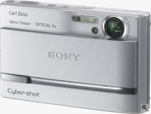 Sony's Cyber-shot DSC-T9 digital camera. Courtesy of Sony, with modifications by Michael R. Tomkins. Click for a bigger picture!