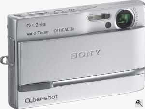 Sony's Cyber-shot DSC-T9 digital camera. Courtesy of Sony, with modifications by Michael R. Tomkins. Click for a bigger picture!