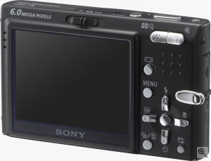 Sony's Cyber-shot DSC-T9 digital camera. Courtesy of Sony, with modifications by Michael R. Tomkins. Click for a bigger picture!