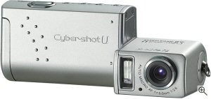 Sony's Cyber-shot DSC-U50 digital camera. Courtesy of Sony, with modifications by Michael R. Tomkins. Click for a bigger picture!