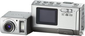 Sony's Cyber-shot DSC-U50 digital camera. Courtesy of Sony, with modifications by Michael R. Tomkins. Click for a bigger picture!