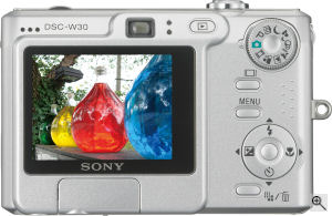 Sony's Cyber-shot DSC-W30 digital camera. Courtesy of Sony, with modifications by Michael R. Tomkins. Click for a bigger picture!
