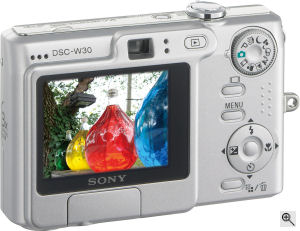 Sony's Cyber-shot DSC-W30 digital camera. Courtesy of Sony, with modifications by Michael R. Tomkins. Click for a bigger picture!