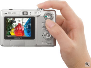 Sony's Cyber-shot DSC-W30 digital camera. Courtesy of Sony, with modifications by Michael R. Tomkins. Click for a bigger picture!