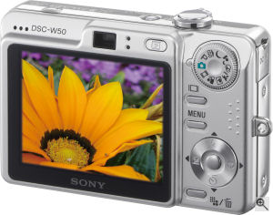Sony's Cyber-shot DSC-W50 digital camera. Courtesy of Sony, with modifications by Michael R. Tomkins. Click for a bigger picture!