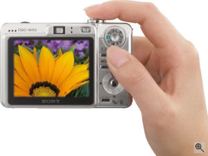 Sony's Cyber-shot DSC-W50 digital camera. Courtesy of Sony, with modifications by Michael R. Tomkins. Click for a bigger picture!