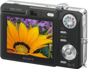 Sony's Cyber-shot DSC-W50 digital camera. Courtesy of Sony, with modifications by Michael R. Tomkins. Click for a bigger picture!