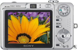 Sony's Cyber-shot DSC-W50 digital camera. Courtesy of Sony, with modifications by Michael R. Tomkins. Click for a bigger picture!