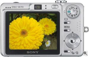 Sony's Cyber-shot DSC-W70 digital camera. Courtesy of Sony, with modifications by Michael R. Tomkins. Click for a bigger picture!