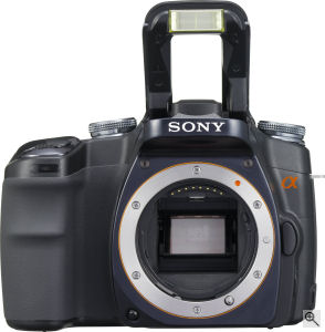 Sony's Alpha DSLR-A100 digital SLR. Courtesy of Sony, with modifications by Michael R. Tomkins. Click for a bigger picture!