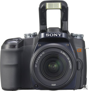 Sony's Alpha DSLR-A100 digital SLR. Courtesy of Sony, with modifications by Michael R. Tomkins. Click for a bigger picture!