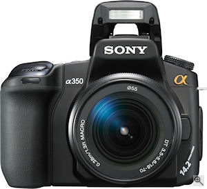 Sony's Alpha DSLR-A350 digital SLR. Courtesy of Sony, with modifications by Michael R. Tomkins. Click for a bigger picture!