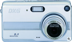 DXG's Model 528 digital camera. Courtesy of DXG, with modifications by Michael R. Tomkins. Click for a bigger picture!