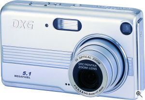 DXG's Model 528 digital camera. Courtesy of DXG, with modifications by Michael R. Tomkins. Click for a bigger picture!