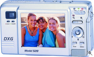 DXG's Model 528 digital camera. Courtesy of DXG, with modifications by Michael R. Tomkins. Click for a bigger picture!