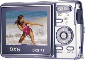 DXG's Model 711 digital camera. Courtesy of DXG, with modifications by Michael R. Tomkins. Click for a bigger picture!
