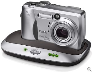 Kodak's EasyShare DX4330 digital camera, shown in the optional camera dock. Courtesy of Eastman Kodak CO., with modifications by Michael R. Tomkins.