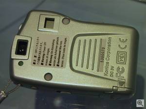 Konica's E-Mini digital camera, rear view. Copyright (c)  2001, Michael R. Tomkins. All rights reserved. Click for a bigger picture!