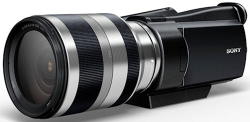 Conceptual mockup of Sony's E-mount interchangeable lens, Exmor APS camcorder. Photo provided by Sony Corp. Click for a bigger picture!