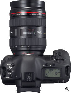 Canon's EOS-1D Mark II N digital SLR. Courtesy of Canon, with modifications by Michael R. Tomkins. Click for a bigger picture!