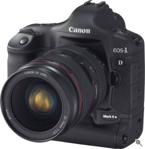 Canon's EOS-1D Mark II N digital SLR. Courtesy of Canon, with modifications by Michael R. Tomkins. Click for a bigger picture!