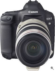 Canon's EOS-1D Mark II N digital SLR. Courtesy of Canon, with modifications by Michael R. Tomkins. Click for a bigger picture!