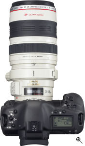 Canon's EOS-1D Mark II N digital SLR. Courtesy of Canon, with modifications by Michael R. Tomkins. Click for a bigger picture!