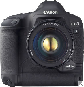 Canon's EOS-1D Mark II N digital SLR. Courtesy of Canon, with modifications by Michael R. Tomkins. Click for a bigger picture!