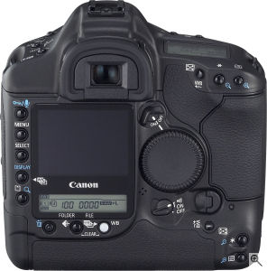 Canon's EOS-1D Mark II N digital SLR. Courtesy of Canon, with modifications by Michael R. Tomkins. Click for a bigger picture!